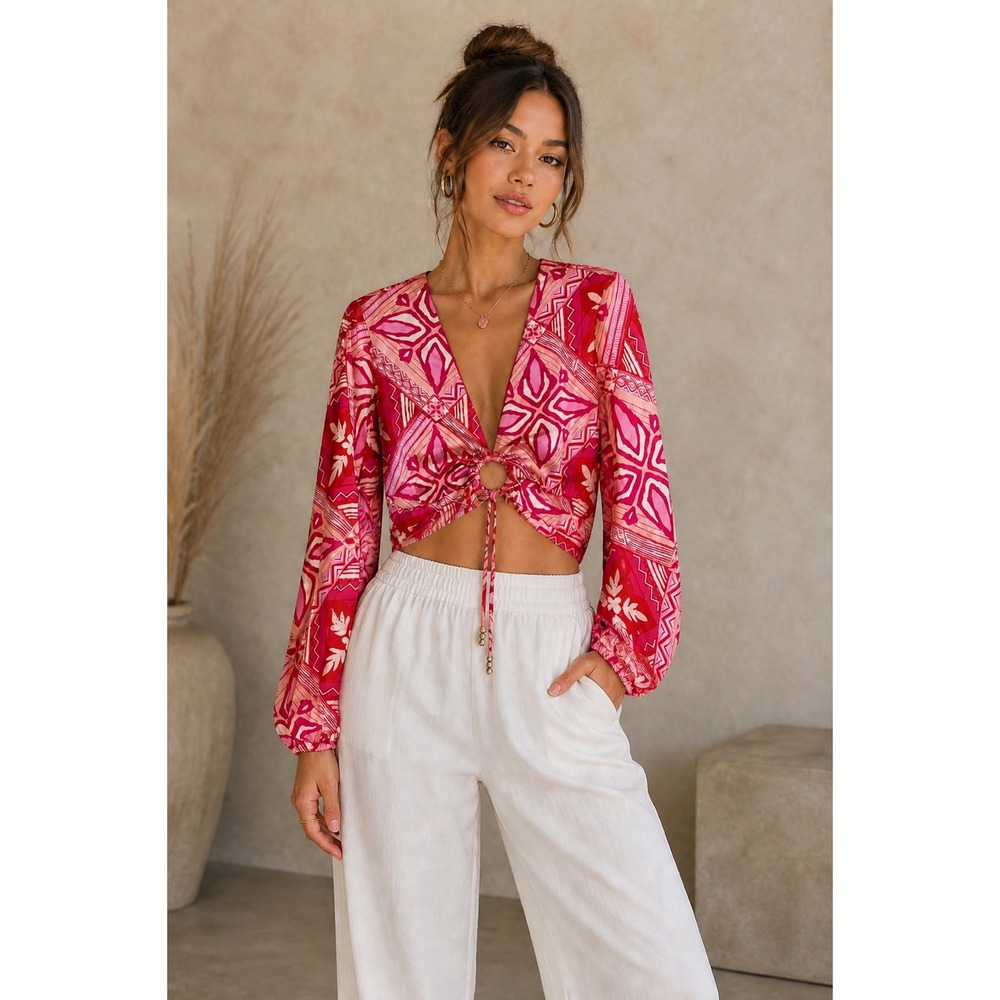 Caroline Constas Pink Tribal Print V Neck Ring Detail Crop Top Long Sleeve Large